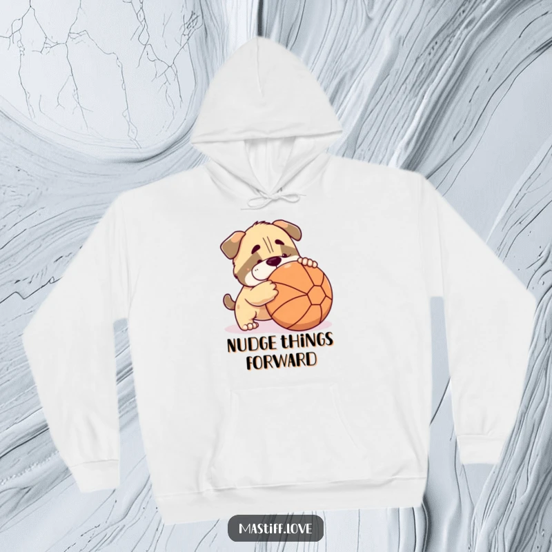 Funny mastiff hoodie featuring a cute dog playfully nudging a large ball, perfect for cozy, dog-themed wear.
