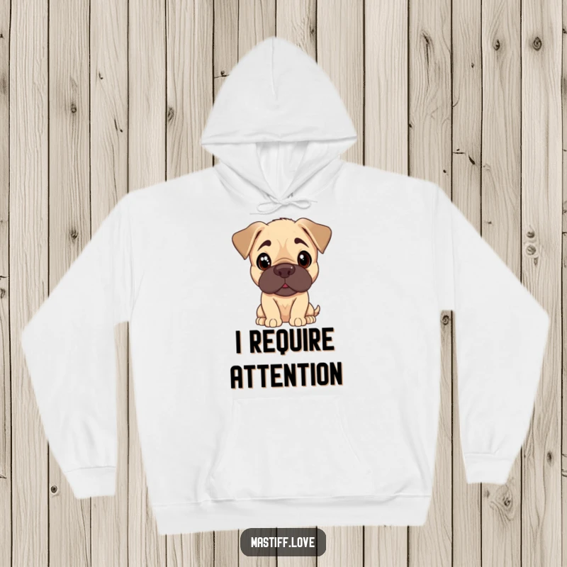 Funny Mastiff puppy hoodie showing a cute dog tilting its head with curious, pleading eyes, perfect for cozy comfort.