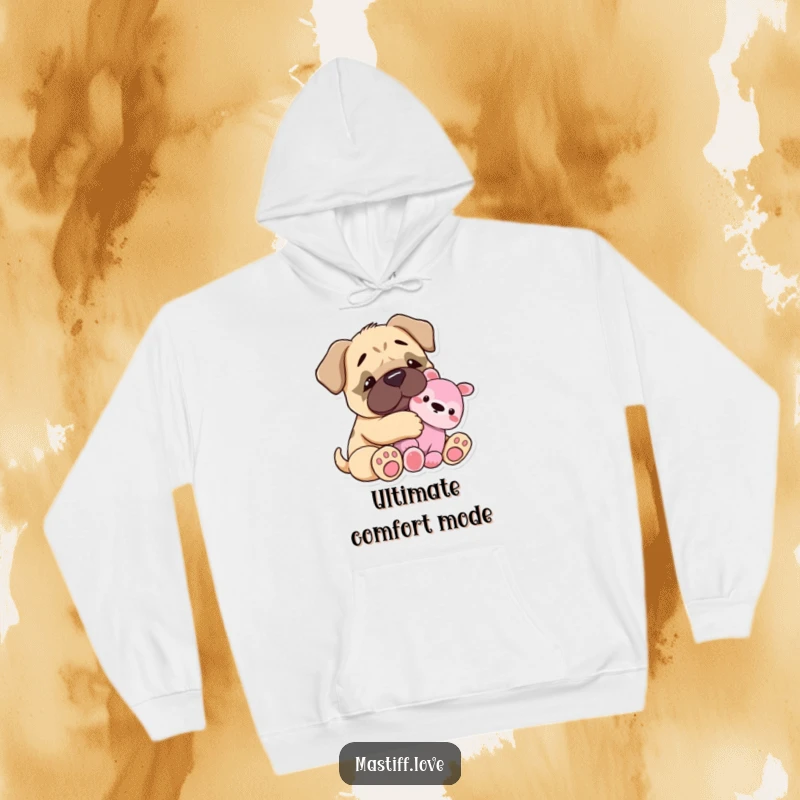 Funny Hoodie: A tiny mastiff happily snuggles with a plush toy, radiating pure joy and comfort. A warm and heartwarming gift.