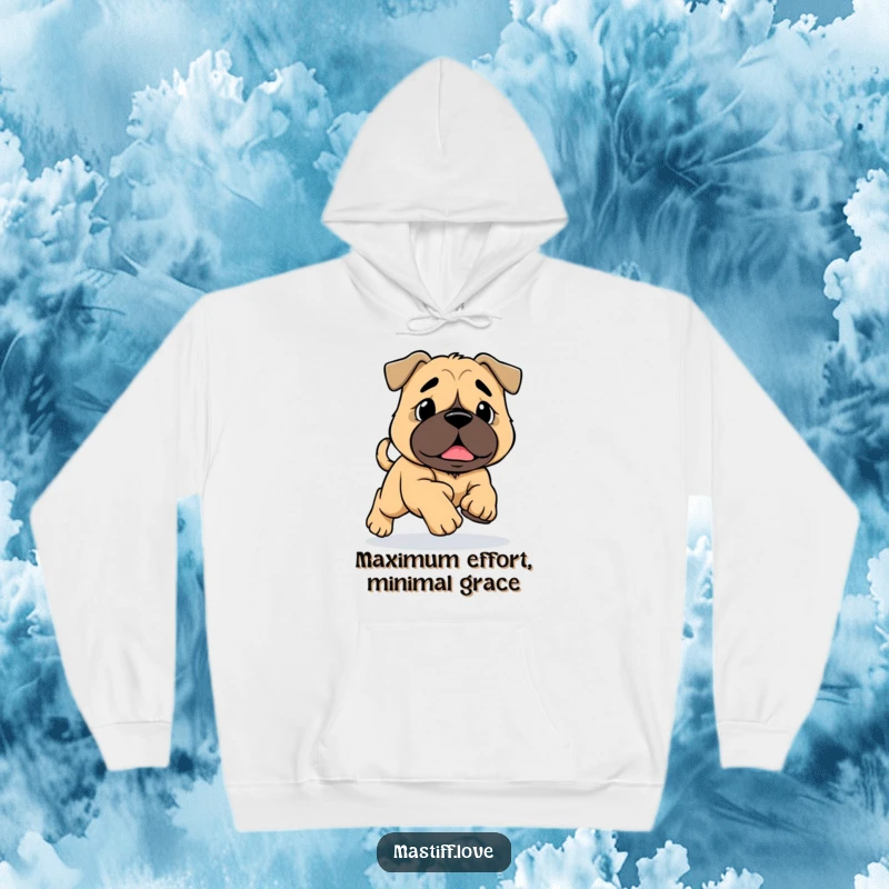 Funny Mastiff Tripping Hoodie: A big-footed mastiff hilariously trips while running, perfect for dog enthusiasts seeking a laugh.