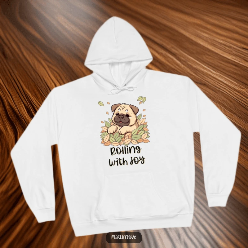 Cozy Kawaii Mastiff Hoodie featuring a cute dog happily rolling in a pile of soft leaves, ideal for autumn.