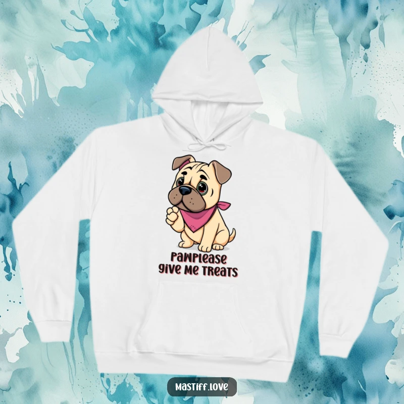 Funny kawaii mastiff hoodie, a cute dog wearing a bandana, offering its paw in a gesture of friendship.