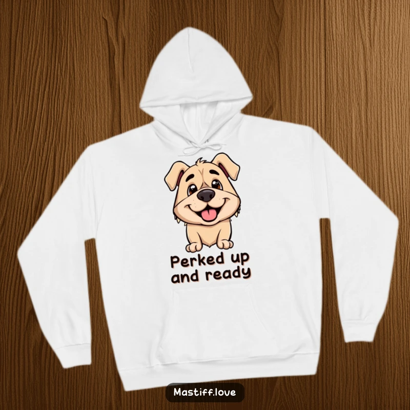 Funny hoodie displaying a smiling mastiff dog with its characteristic droopy ears perked up, radiating excitement.