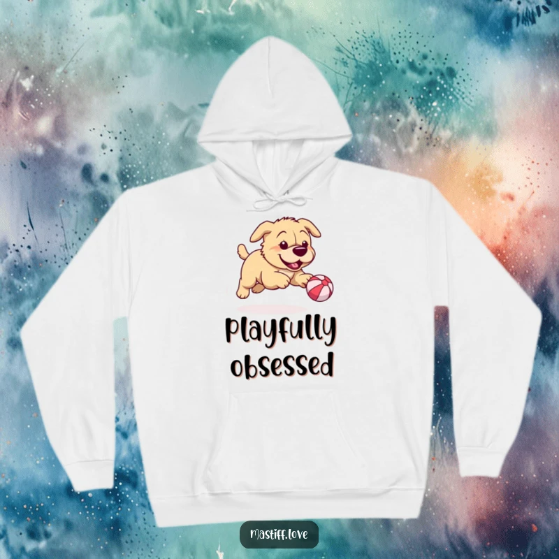 Funny mastiff hoodie featuring a playful dog chasing a tiny bouncy ball, offering warmth and a humorous, action-packed design.