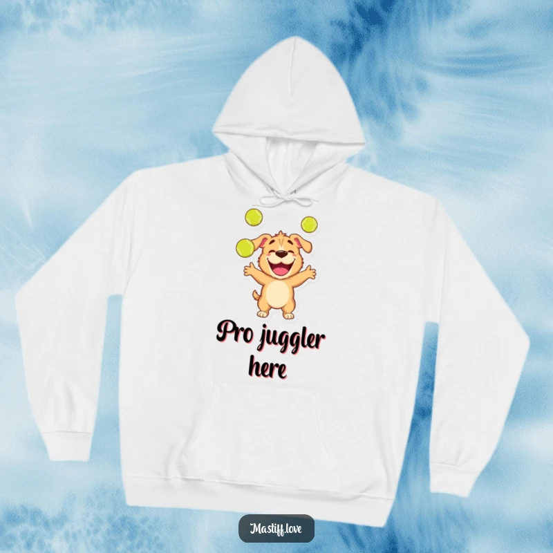 Funny hoodie showcasing a happy mastiff character skillfully juggling three tennis balls with evident joy.