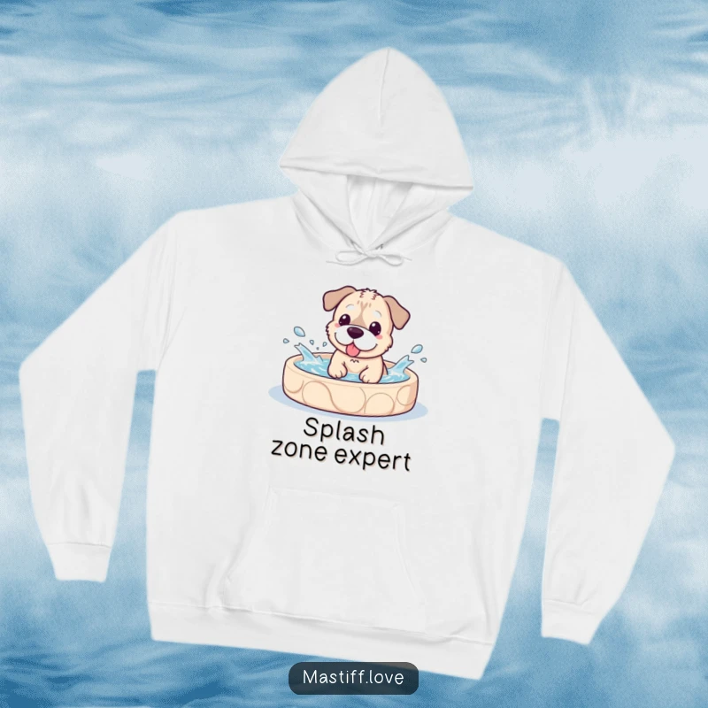 Funny Hoodie showcasing a super cute kawaii mastiff dog splashing happily in a small pool, radiating pure joy.