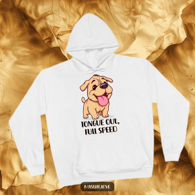 Funny Mastiff hoodie showing a happy dog panting with its tongue out after a run, perfect for cozy comfort and dog lovers.