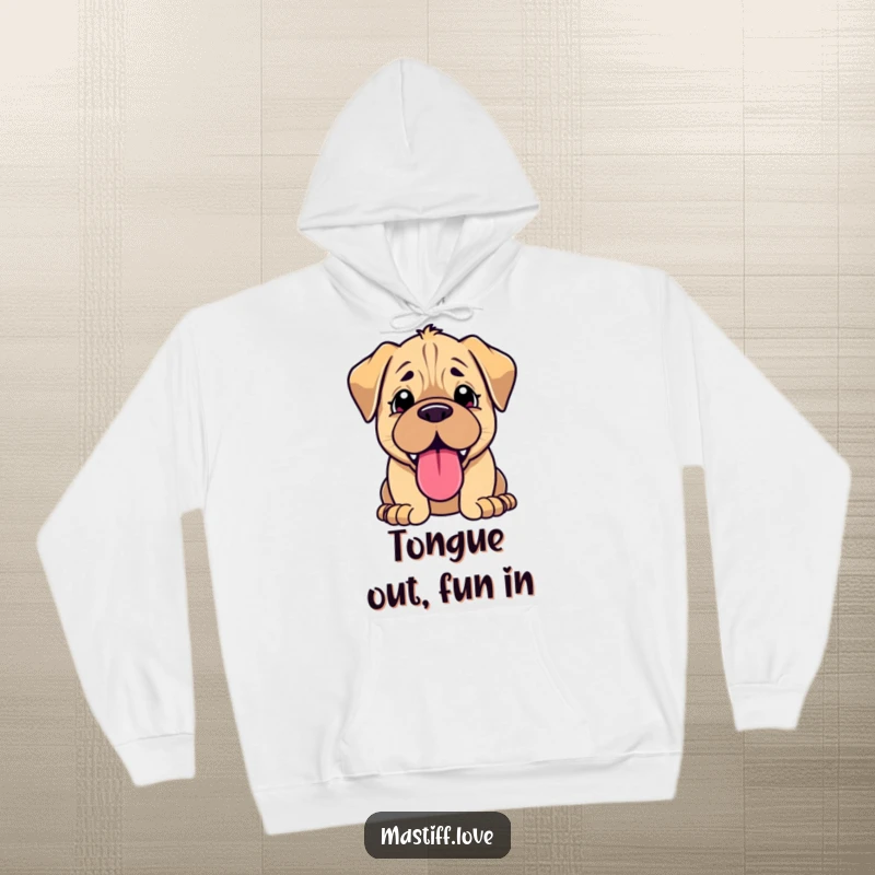 Funny kawaii mastiff hoodie, adorable puppy panting with a massive, joyful tongue, conveying pure canine happiness.