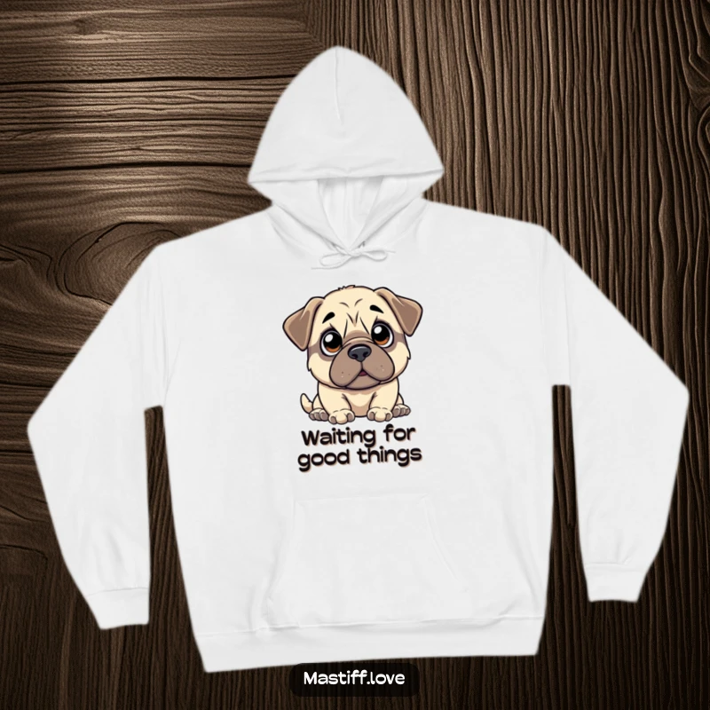 Funny kawaii mastiff hoodie featuring a lovable mastiff with wide, innocent eyes looking up hopefully, perfect for cozy moments.