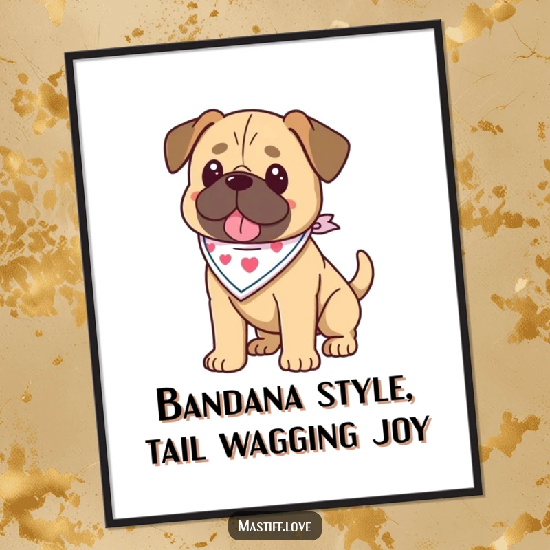 Funny Free Printable Kawaii Mastiff Bandana Wall Art: A cute mastiff in a bandana wags its tail enthusiastically, creating happy, downloadable decor.