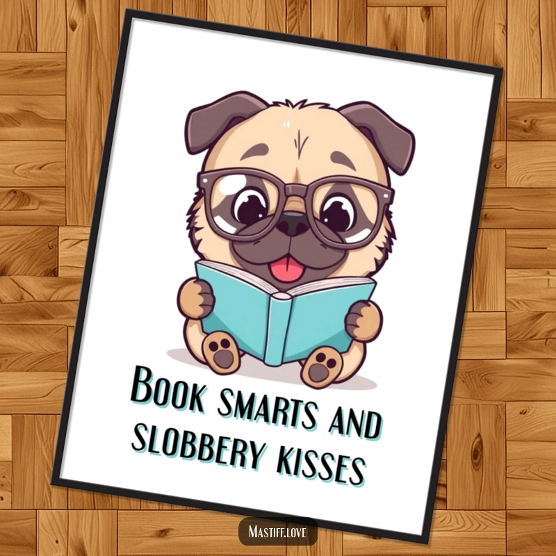 Funny Free Printable Wall Art: Mastiff wearing oversized glasses intently reads a book, intellectual humor.