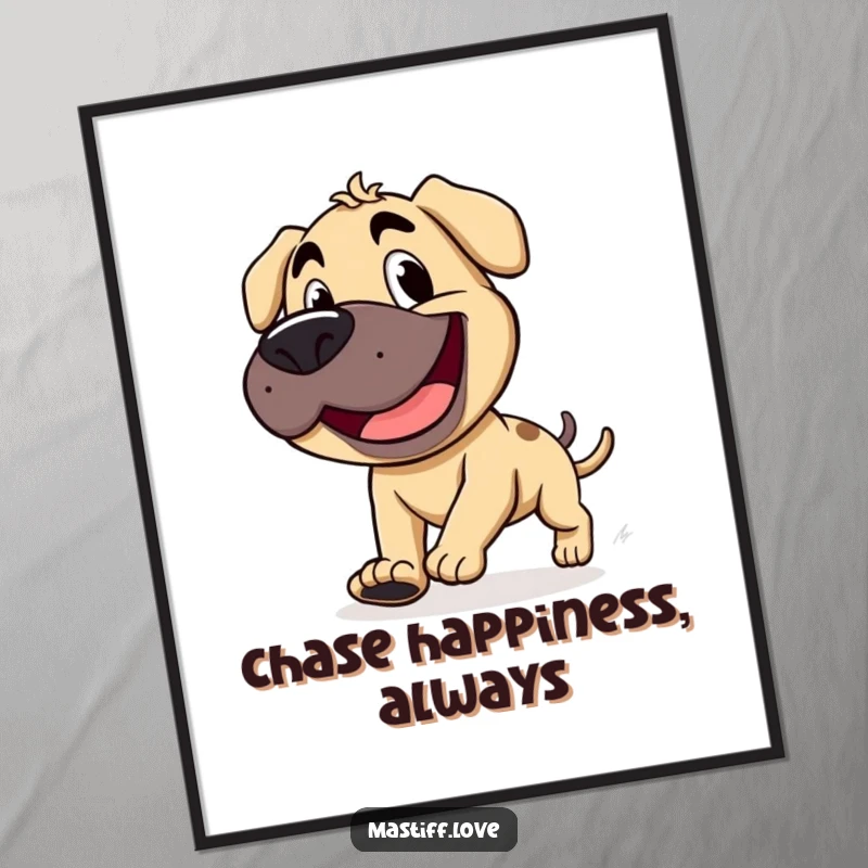 Funny Free Printable Wall Art: A happy mastiff with a wide, goofy grin, hilariously chasing its own stubby tail.