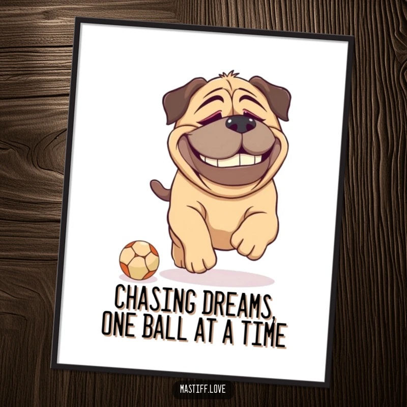 Funny Free Printable Wall Art: Large mastiff with dopey grin playfully chasing a tiny ball, humorous dog decor.