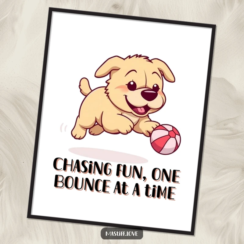 Funny Free Printable Wall Art: A playful mastiff enthusiastically chasing a ridiculously small bouncy ball, capturing pure fun.