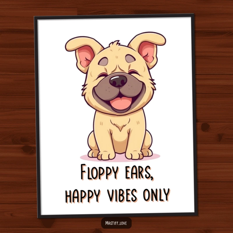 Funny Free Printable Kawaii Mastiff Ears Wall Art: A cute mastiff joyfully shakes its head, floppy ears flying, creating fun, downloadable decor.