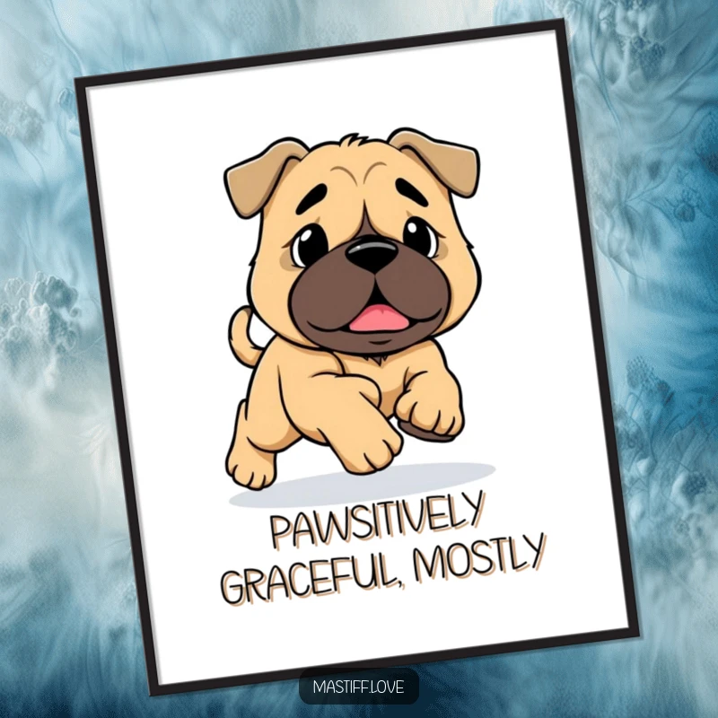 Funny free printable wall art of a mastiff with oversized paws tripping while running, a humorous addition to any room.