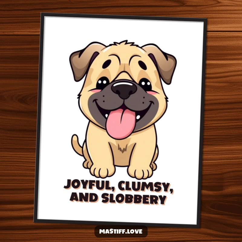 Funny free printable wall art of a very happy mastiff with tongue lolling out, wagging its entire body with glee.