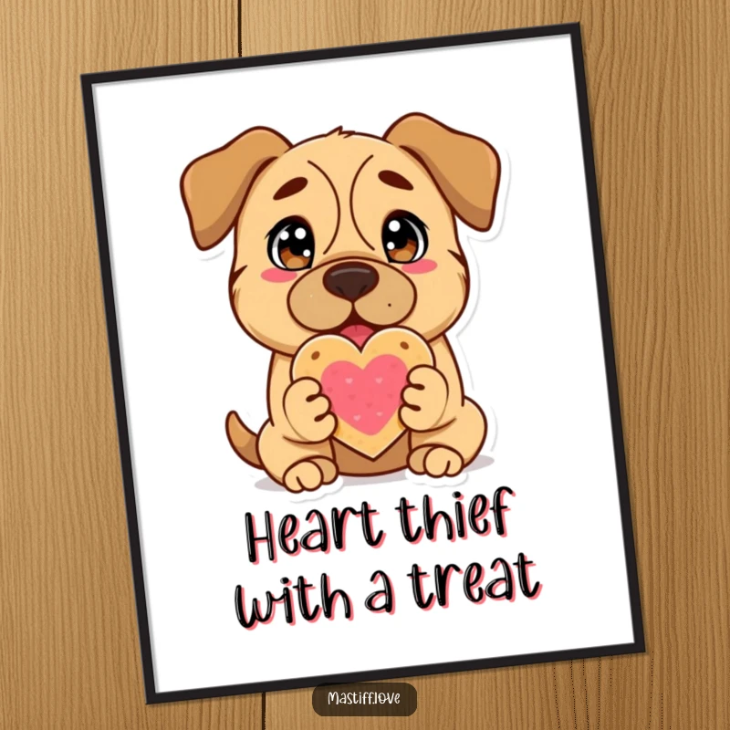 Funny free printable wall art: a delighted mastiff with adoring eyes offers a heart-shaped cookie, perfect for dog lovers.