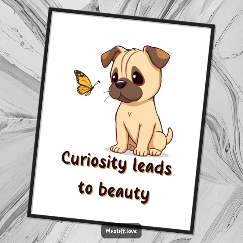 Funny Free Printable Wall Art: A curious mastiff tilting its head, fascinated by a delicate butterfly fluttering nearby.
