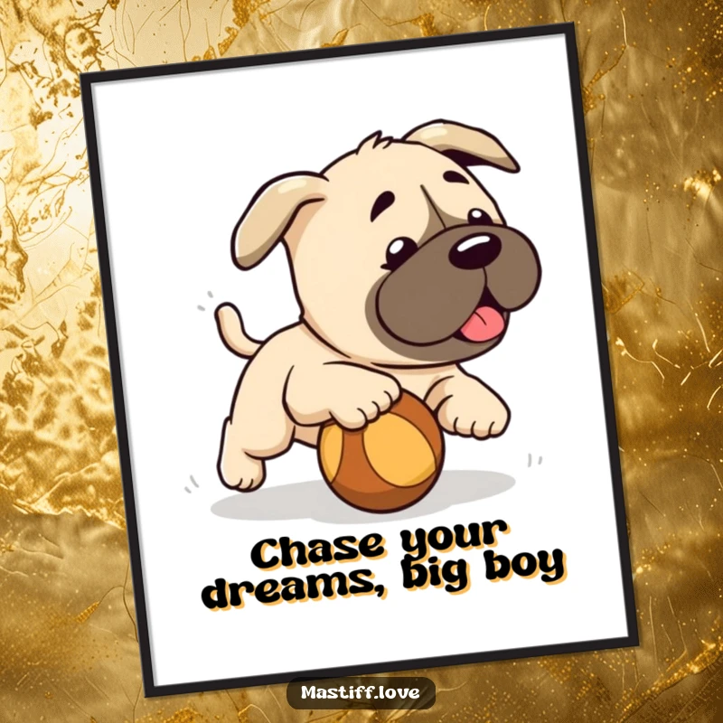 Cute Free Printable Wall Art: A sweet mastiff puppy energetically chases a rolling ball, bringing playful energy to any room. Get this art!