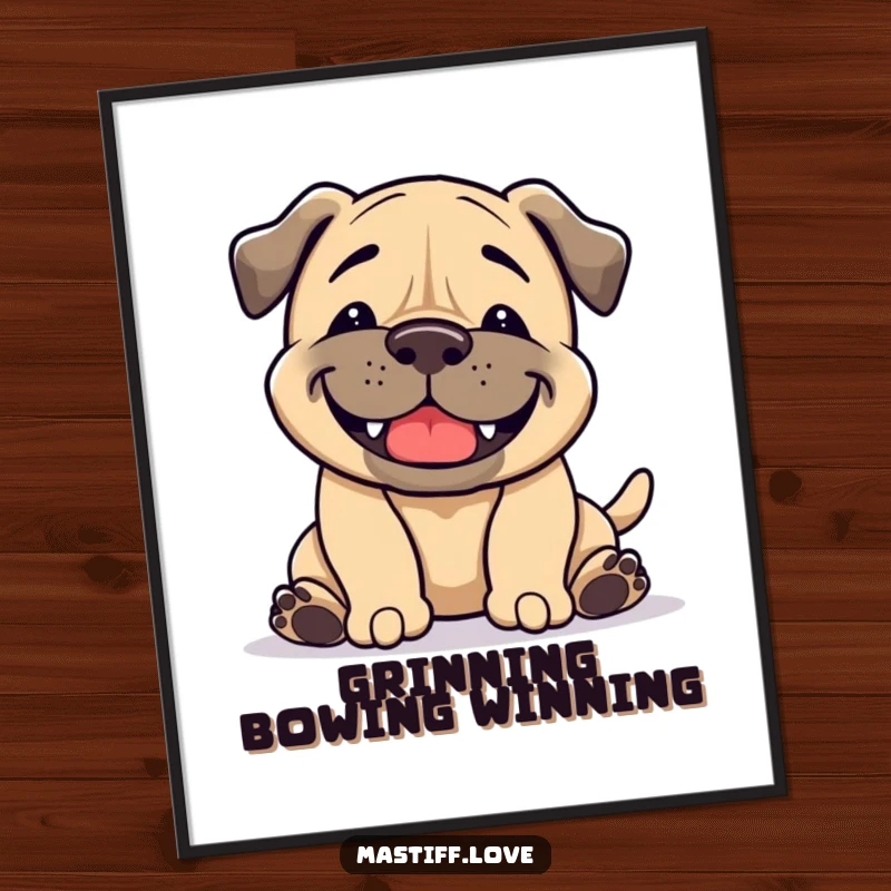 Funny Free Printable Wall Art: A mastiff beams with a wide grin while performing a comical playful bow.