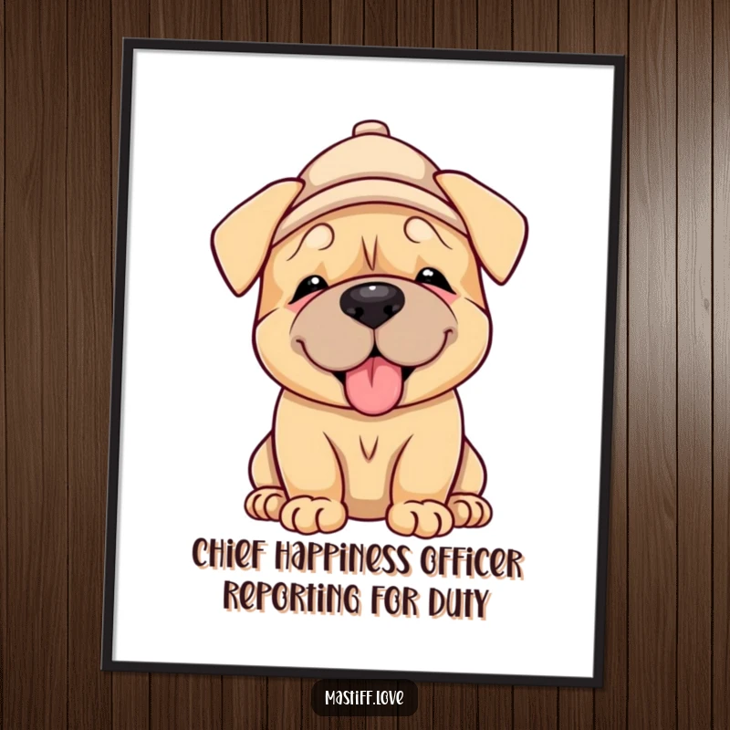 Funny Free Printable Wall Art: A happy mastiff puppy wearing a small hat, extends a gentle, loving lick. Adorable and humorous dog art.