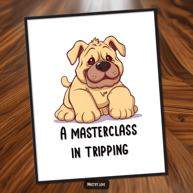 Funny Free Printable Wall Art: A silly mastiff hilariously tripping over its massive paws, bringing laughs to your decor.