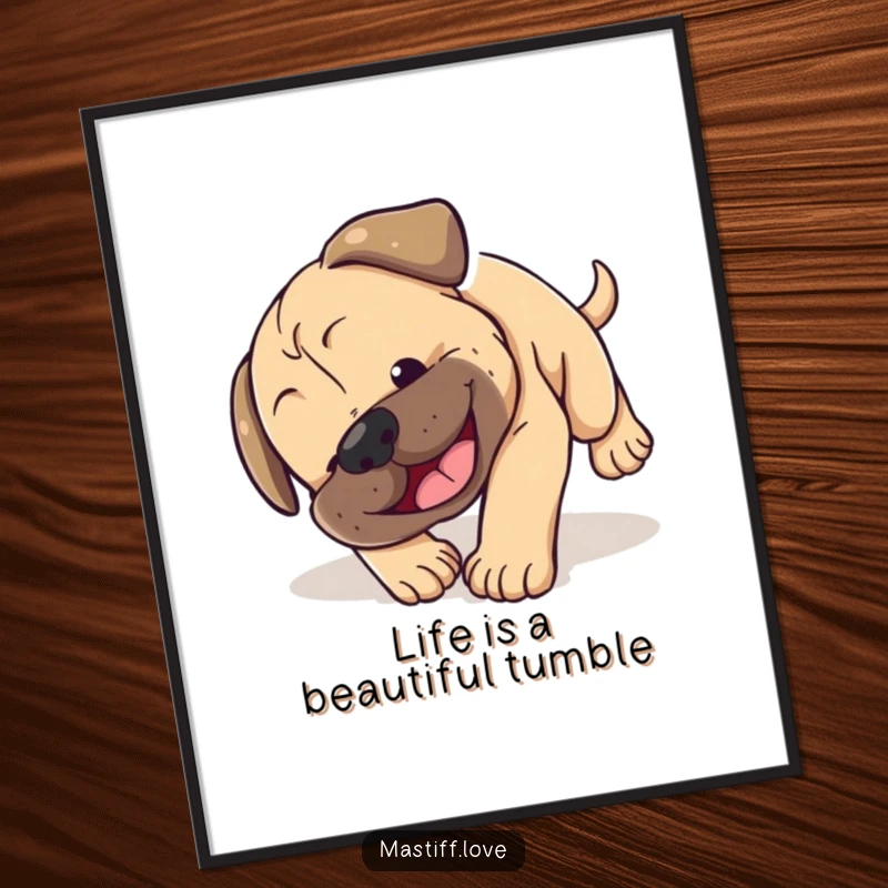 Funny Free Printable Wall Art: Mastiff puppy tumbling head over paws with a smile, creating adorable, humorous decor.