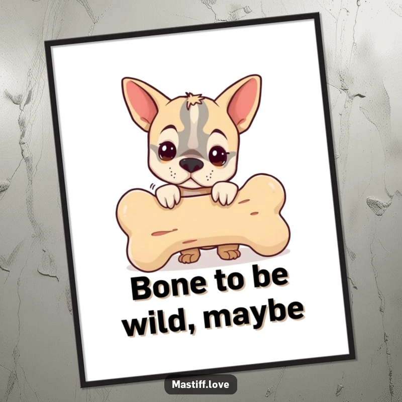 Funny Free Printable Wall Art: A small mastiff dog peeking curiously from behind an unbelievably large dog bone.