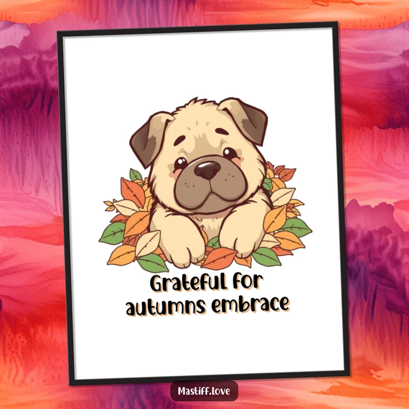 Funny free printable wall art of a kawaii mastiff comically buried up to its neck in a giant pile of colorful leaves.