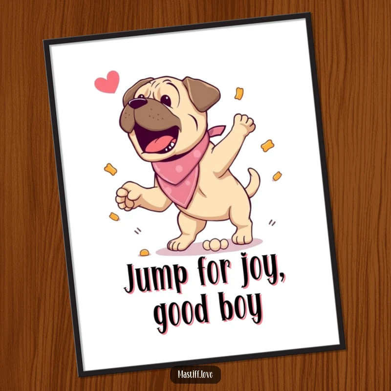 Funny Free Printable Wall Art: An excited mastiff wearing a bandana, leaping with pure joy for a treat.