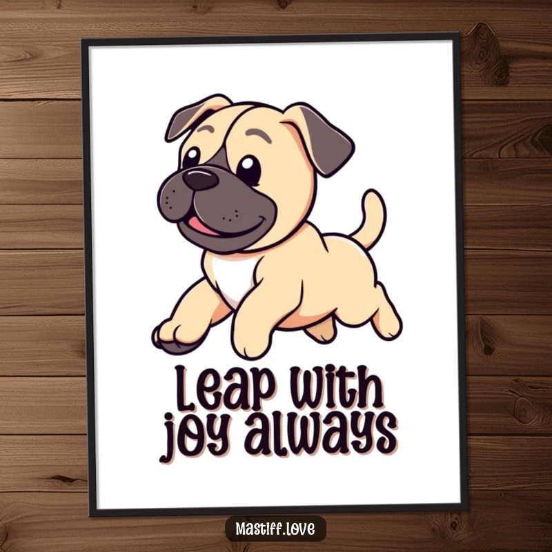 Funny free printable wall art of a cute mastiff puppy with a vigorously wagging tail, captured mid-leap.