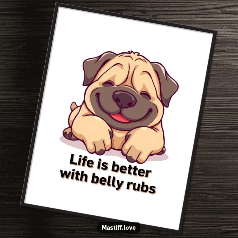 Funny Free Printable Wall Art: Giggling Mastiff rolls over, inviting belly rubs, adding humor to your decor.