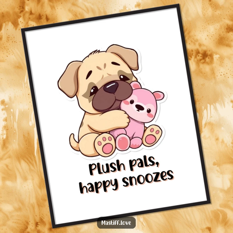 Funny Free Printable Wall Art: A tiny mastiff happily snuggles with its favorite plush toy, looking utterly content.
