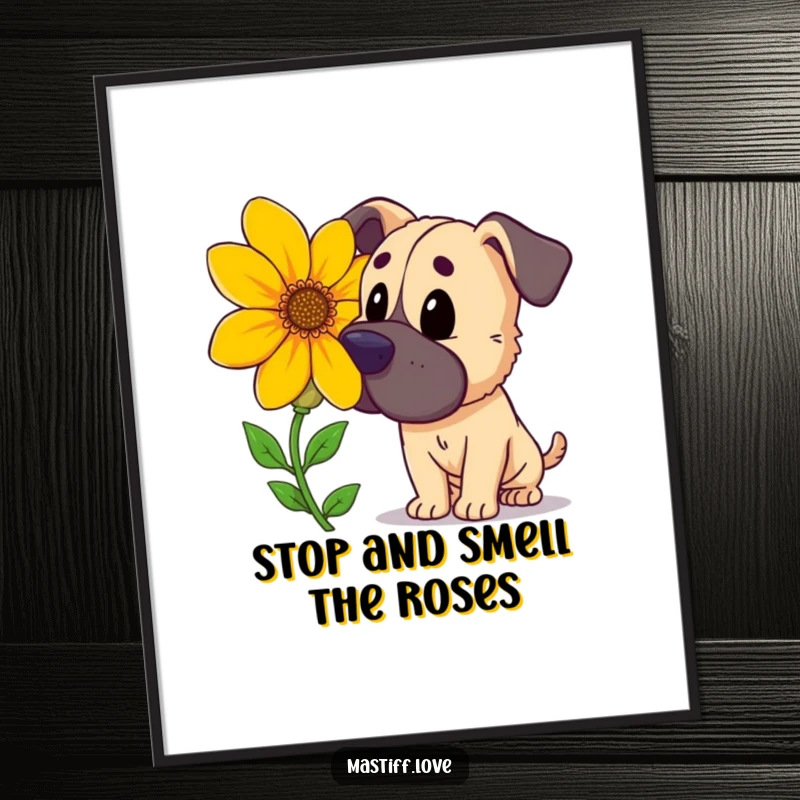 Funny Free Printable Wall Art: A curious mastiff inspects a large, colorful flower, bringing gentle charm to any setting. Get this art!