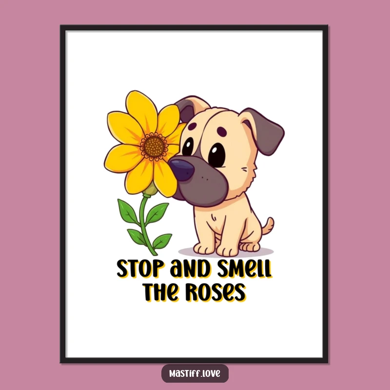 Free Printable Wall Art: Curious Mastiff Flower Sniff Decor, Whimsical Dog Art