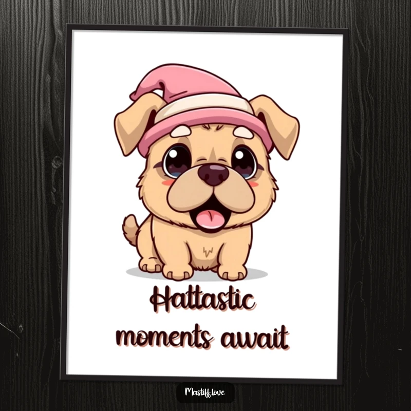 Funny free printable wall art of a kawaii mastiff wearing a ridiculous party hat and looking comically surprised.