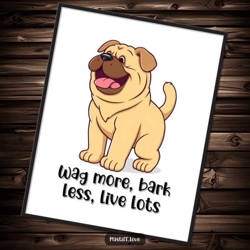 Funny Free Printable Wall Art of a giant mastiff puppy captured mid-wag, its tail a blur of pure, joyful energy.