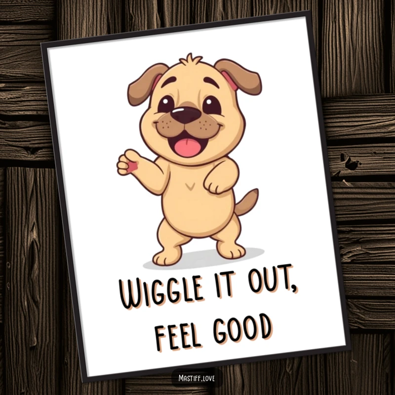Funny Free Printable Wall Art: A happy mastiff dog performing a goofy, wiggly dance with its whole body wiggling.