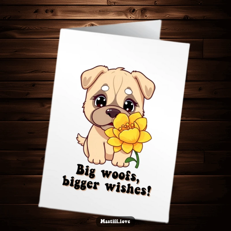 Funny free printable birthday card of a kawaii mastiff with big curious eyes sniffing a gigantic colorful flower.