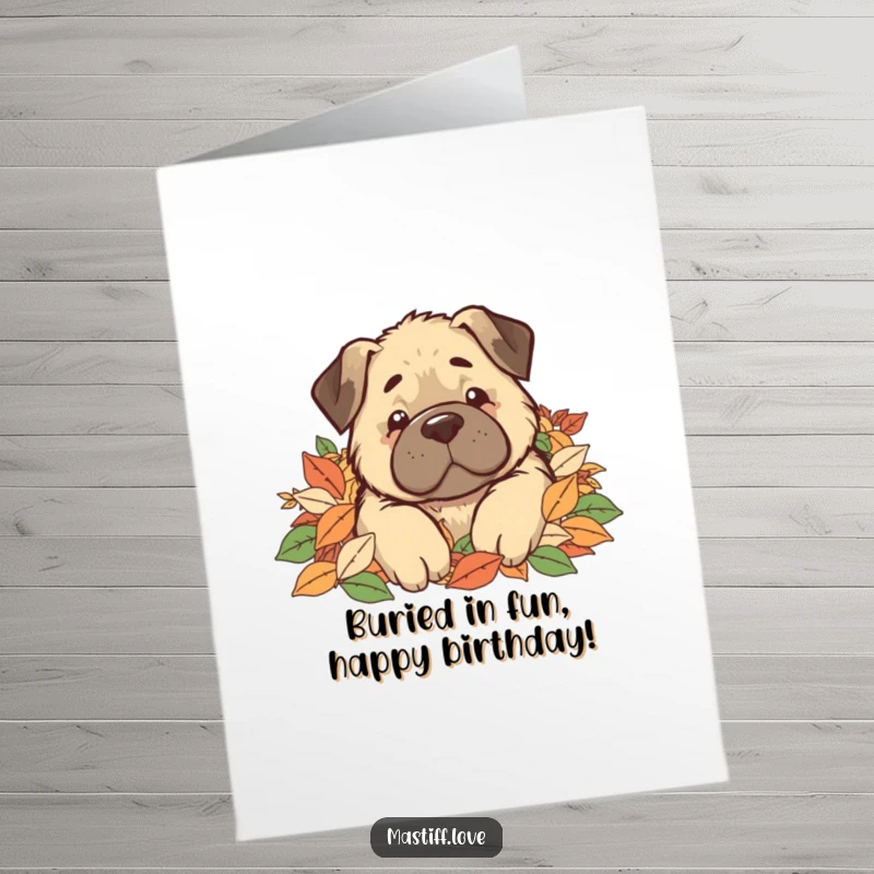 Funny free printable birthday card showing a kawaii mastiff comically buried under a huge pile of colorful autumn leaves.