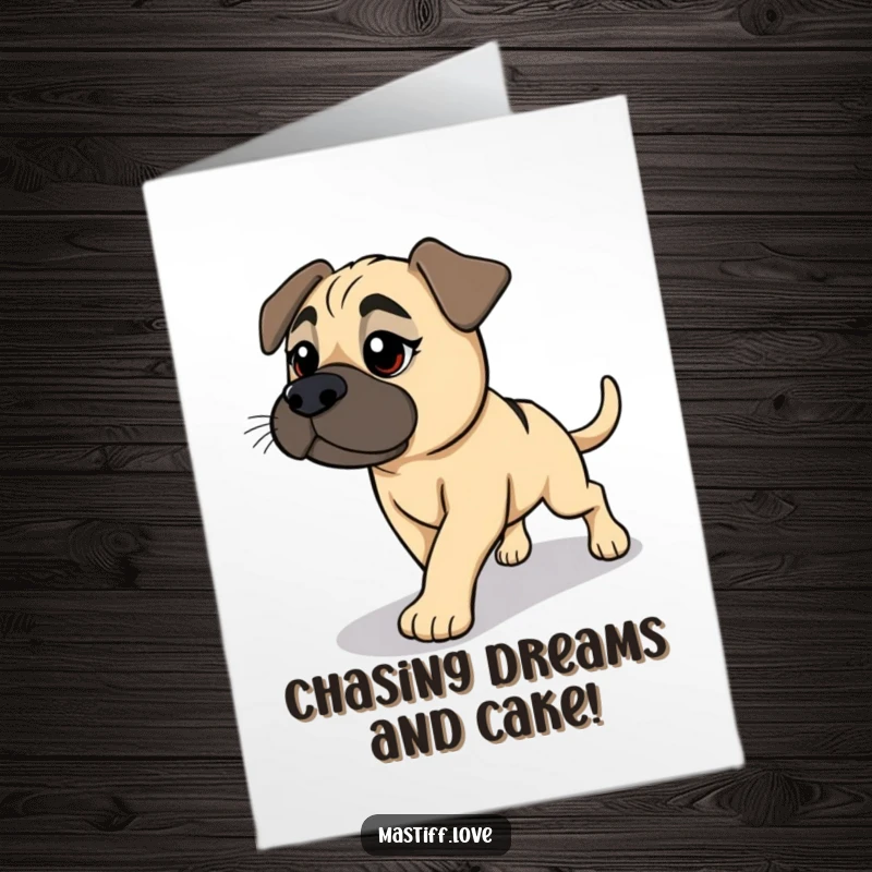 Funny Free Printable Birthday Card: Mastiff enthusiastically chases its shadow with a friendly, determined expression.