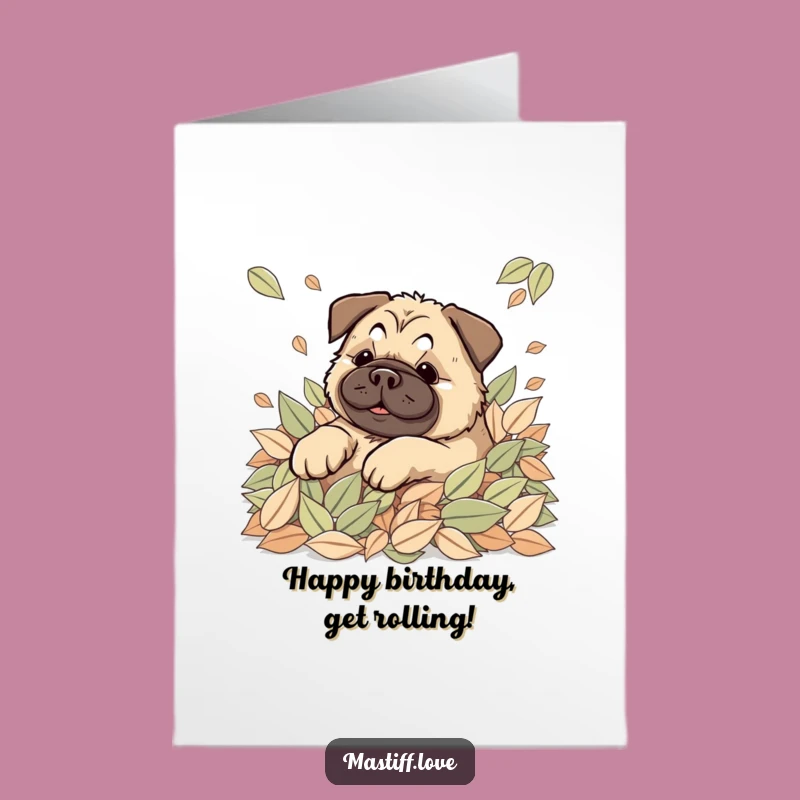 Free Printable Autumn Mastiff Birthday Card - Leaf Pile Downloadable Fun