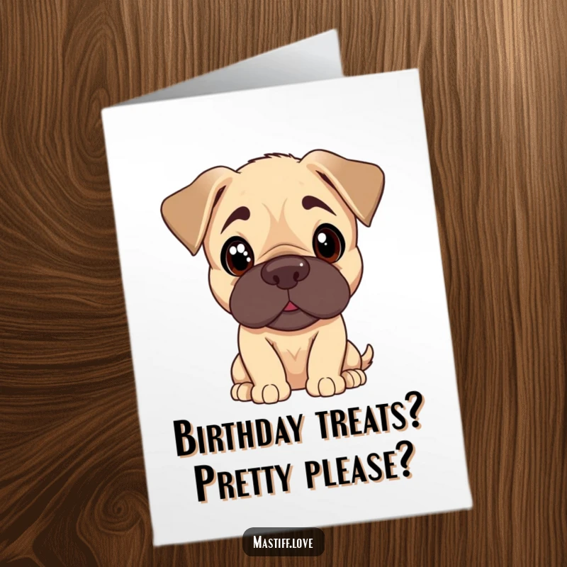 Funny Free Printable Birthday Card: Mastiff puppy tilting its head with curious, pleading eyes, asking for birthday wishes.