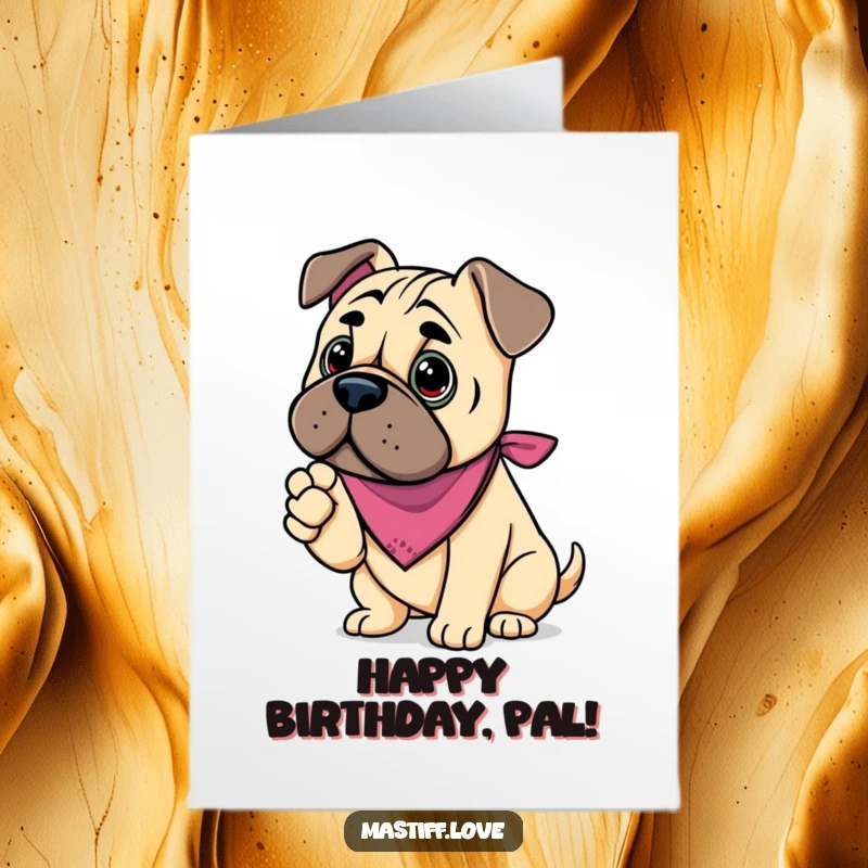 Funny Free Printable Birthday Card: Kawaii mastiff in a cute bandana, extending its paw for a friendly birthday handshake.