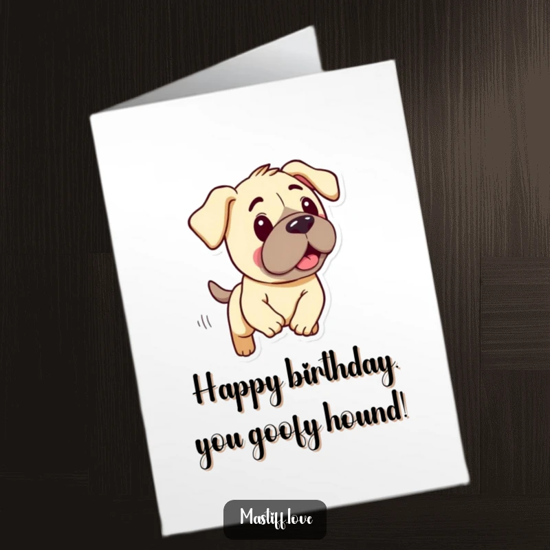 Funny Free Printable Birthday Card: Cute Kawaii Mastiff with Droopy Ears Engaged in a Silly Chase
