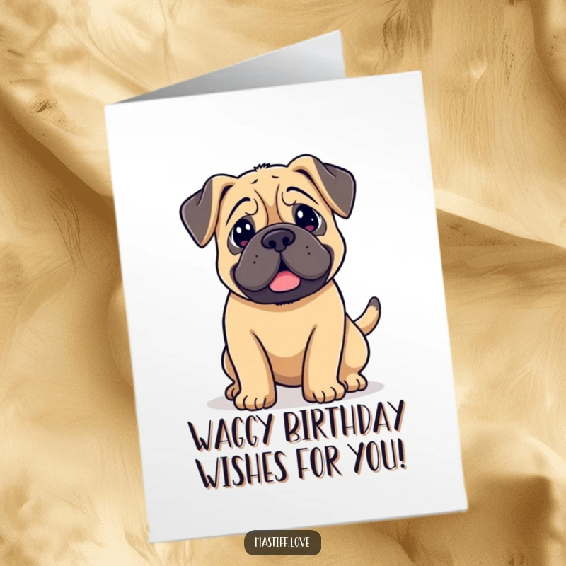 Funny Free Printable Birthday Card: Kawaii mastiff with adorable floppy ears, its tail wagging furiously with pure birthday excitement.