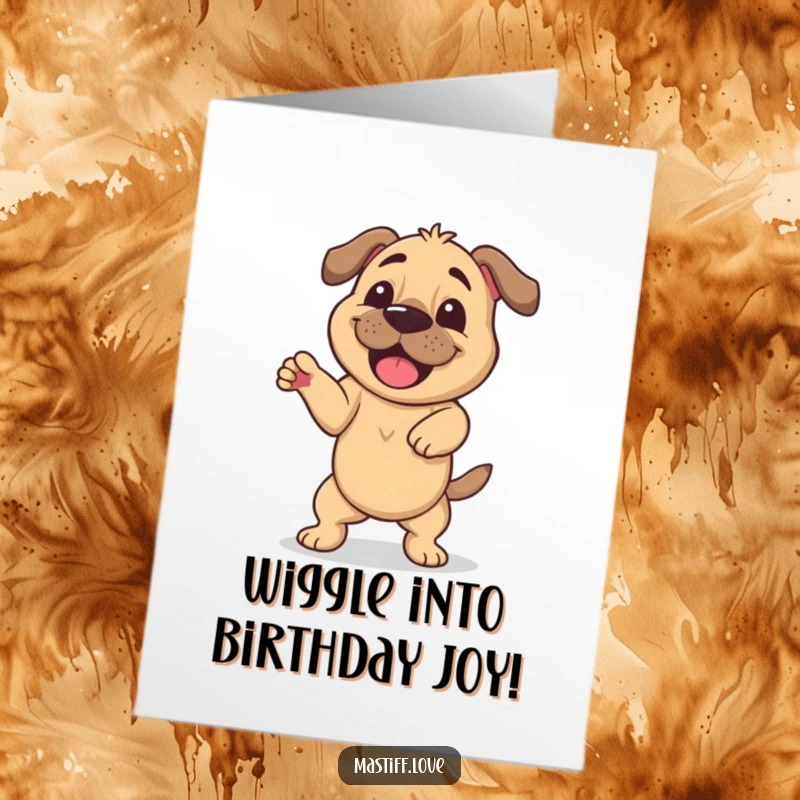 Funny Free Printable Birthday Card: An ecstatic, happy mastiff performing a comical, wiggly dance with pure joy.