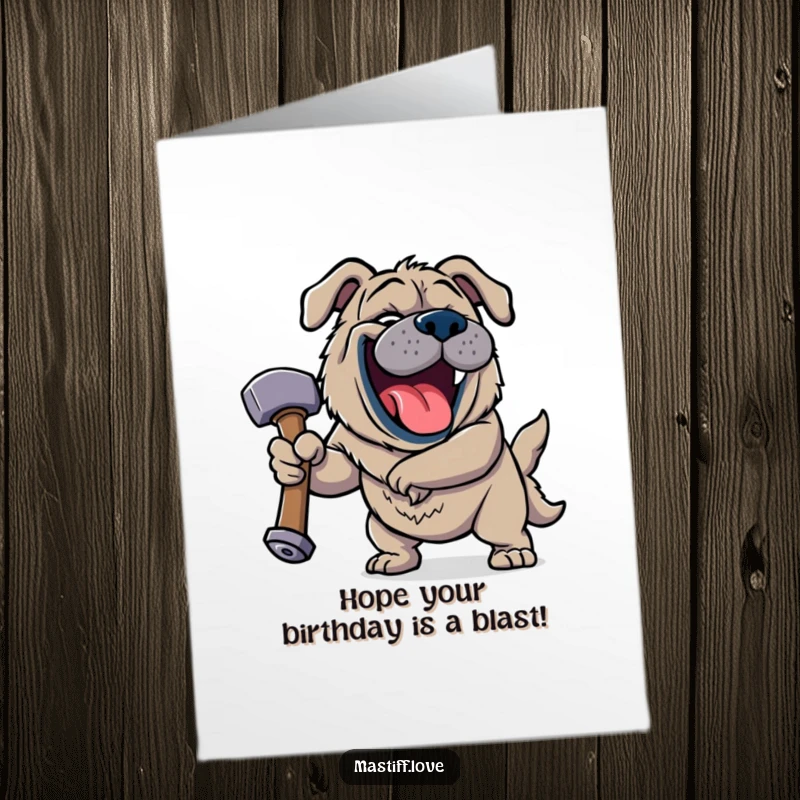 Funny Free Printable Birthday Card: A jovial mastiff roaring with laughter while holding a giant, silly squeaky hammer. Hilarious dog.