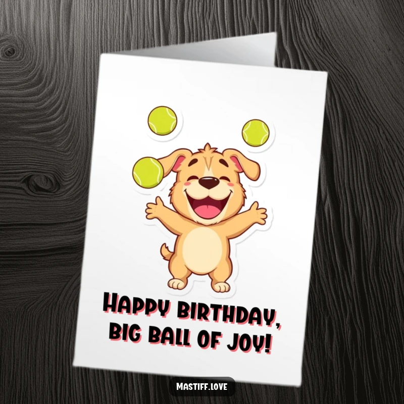 Funny Free Printable Birthday Card: Happy Mastiff Juggling Three Tennis Balls with Utter Delight
